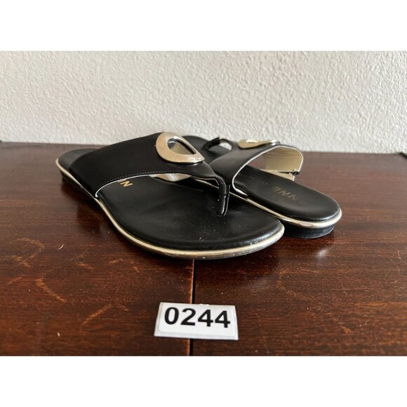 Anne Klein Thong Sandals Womens 7.5M Black Silver Leather Slip On - Picture 1 of 7